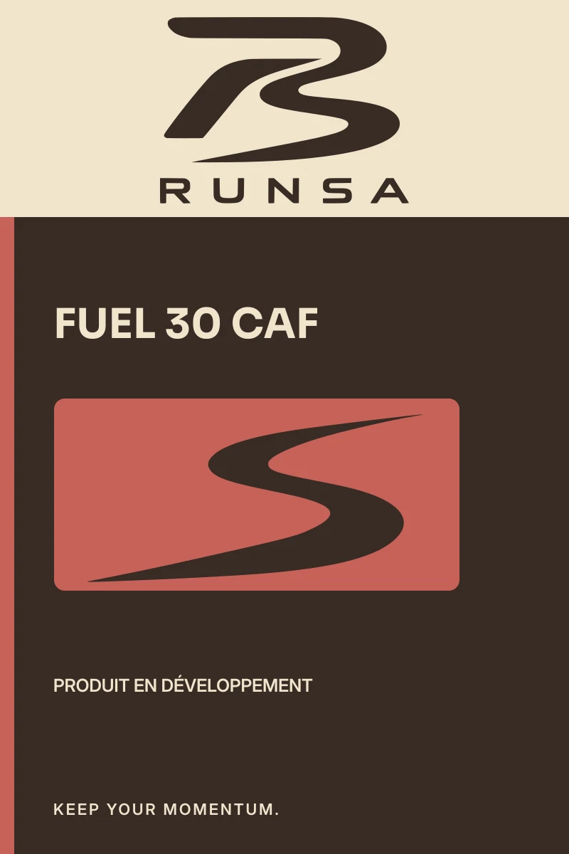 Emballage FUEL 30 CAF : bloc logo RUNSA, nom du produit et Flux 01 dans un cartouche.