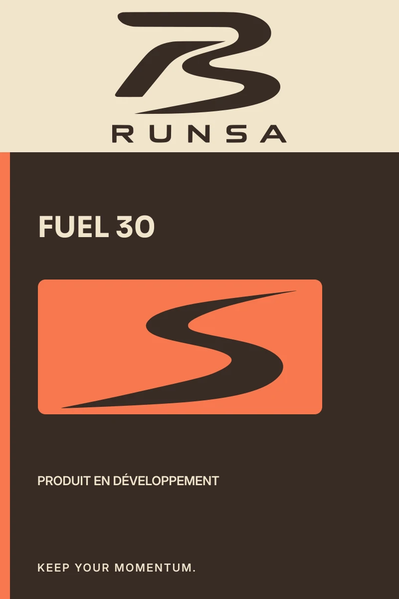 Emballage FUEL 30 : bloc logo RUNSA, nom du produit et Flux 01 dans un cartouche.