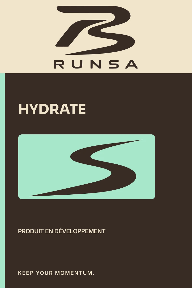 Emballage HYDRATE : bloc logo RUNSA, nom du produit et Flux 01 dans un cartouche.