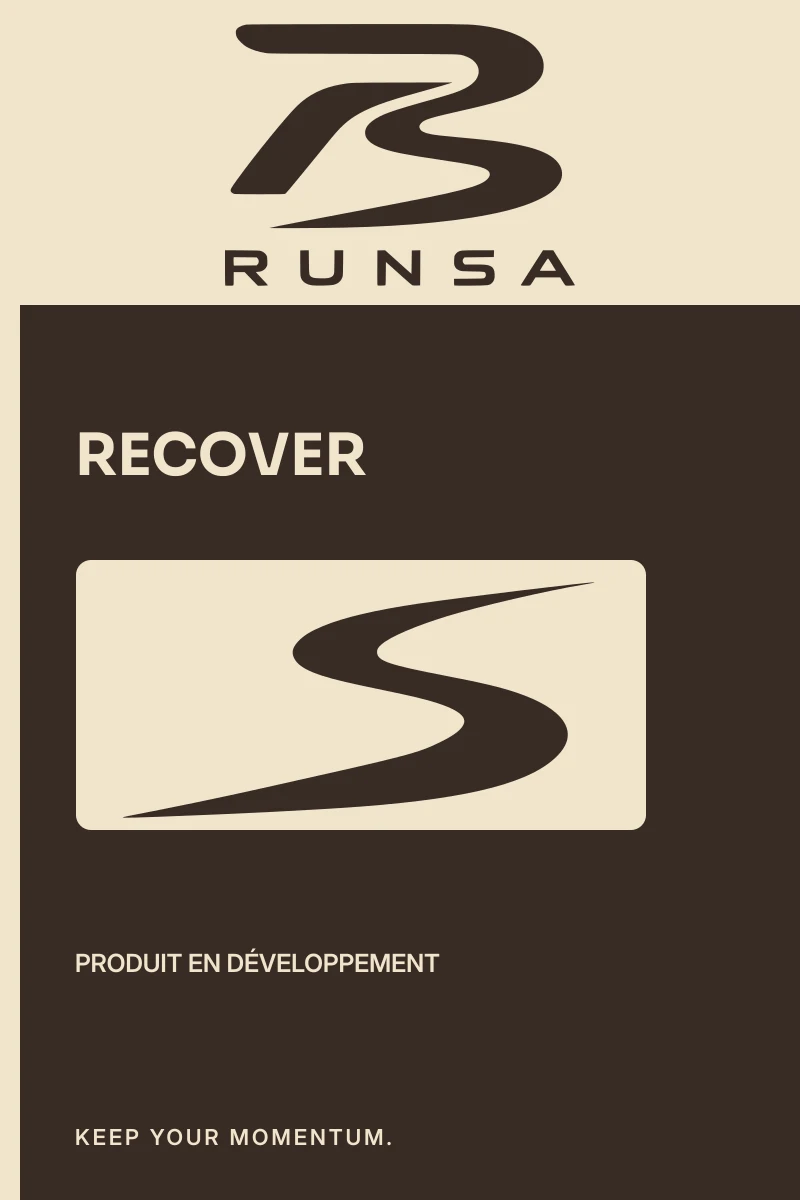 Emballage RECOVER : bloc logo RUNSA, nom du produit et Flux 01 dans un cartouche.